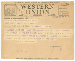 Telegram from J. A. Somerville to Ellen Irene Diggs