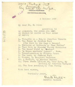 Letter from Babette Deutsch to W. E. B. Du Bois