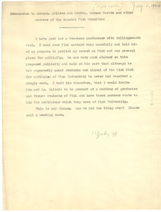 Memorandum from W. E. B. Du Bois to Special Committee of the New York Fisk Clubs