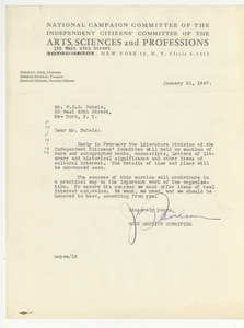 Letter from Independent Citizens' Committee of thh Arts, Sciences and Professions to W. E. B. Du Bois