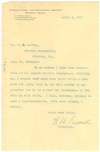 Letter from H. B. Frissell to W. E. B. Du Bois