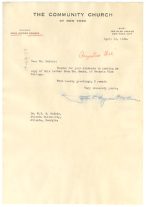 Letter from John Haynes Holmes to W. E. B. Du Bois