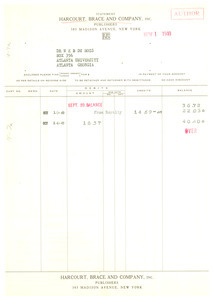 Invoice from Harcourt, Brace and Company