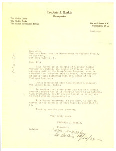 Letter from Frederic J. Haskin to the Secretary of the NAACP