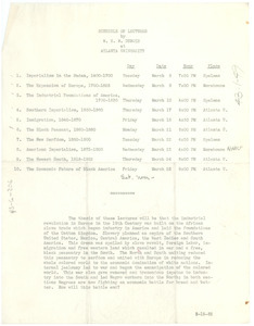Schedule of lectures by W. E. B. Du Bois at Atlanta University