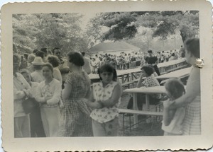 Crowd and picnic tables, Rodney Hunt Company outing, Pine Beach