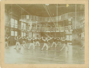 Barnjum Bar Bell Drill in East Gymnasium, c. 1895