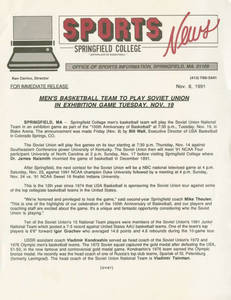News Release on the Soviet Union vs. Springfield College basketball game, November 8, 1991