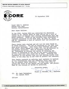 Letter to Mayor John Collins from Congress of Racial Equality (CORE)