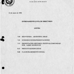 Agenda from Festival Puertorriqueño de Massachusetts, Inc. Board of Directors training meeting on January 11, 1994