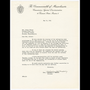 Letter from Mrs. Mildred H. Mahoney to Mrs. Helen Oliver about information desk in St. Mark Social Center