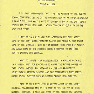 An address by Superintendent Robert R. Spillane to the community, March 2, 1982, and flier for CPAC council meeting