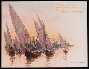 Trade card for Nestor Cigarettes, group of feluccas on a river, Nestor Gianaclis Company, Cairo, Boston, London, 1899
