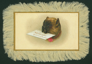 Christmas card, showing dog with a card in its mouth, undated