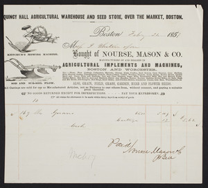 Billhead for Nourse, Mason & Co., agricultural implements and machines, Boston and Worcester, Mass., dated February 21, 1857