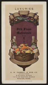 Trade card for silk floss mattresses, G.W. Sammet & Son Co., 8 Atlantic Avenue, 14 to 44 Eastern Avenue, Boston, Mass., undated