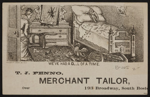 Trade card for T.J. Fenno, merchant tailor, 193 Broadway Street, South Boston, Mass., 1880