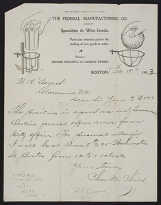 Letterhead for The Federal Manufacturing Company, specialties in wire goods, Badger Building, 537 Albany Street, Boston, Mass., dated February 10, 1903