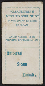 Trade card for the Universal Steam Laundry, corner Pearl and Congress Streets, Portland, Maine, 1892