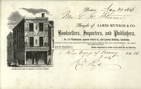 Billhead for James Munroe & Co., booksellers, 134 Washington opposite School St., Boston, Mass. and Lyceum Building, Cambridge, Mass., dated August 14, 1858