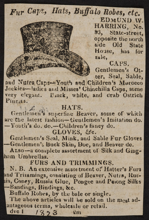 Advertisement for fur caps, hats, buffalo robes, etc., Edmund W. Harring, No.83 State Street, Boston, Mass., 1823