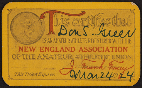 Membership card for the New England Association of the Amateur Athletic Union, location unknown, dated March 24, 1924