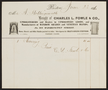 Billhead for Charles L. Fowle & Co., upholstery goods, window shades, No. 282 Washington Street, Boston, Mass., June 23, 1864