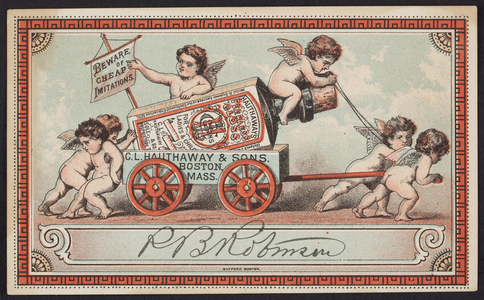 Trade card for Hauthaways Peerless Gloss for ladies and children boots and shoes, C.L. Hauthaway & Sons, Boston, Mass., undated