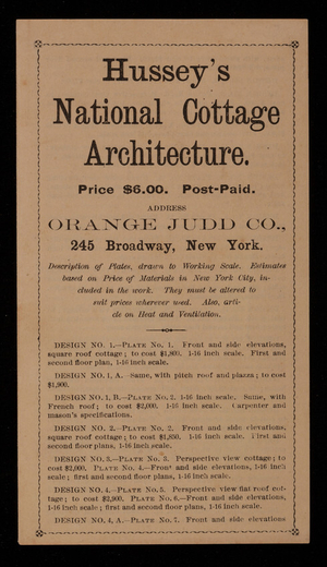 Brochure for Hussey's national cottage architecture, Orange Judd Co., 245 Broadway, New York, New York
