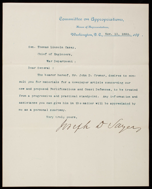 Joseph D. Sayers to Thomas Lincoln Casey, November 13, 1893