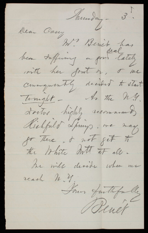Benet to Thomas Lincoln Casey, August 3, 1882