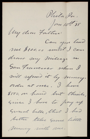 Thomas Lincoln Casey, Jr. to Emma Weir Casey, January 10, 1885