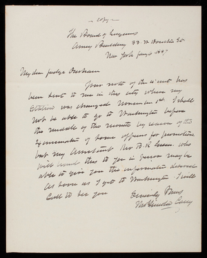 Thomas Lincoln Casey to Judge Ourham, January 6, 1887, copy