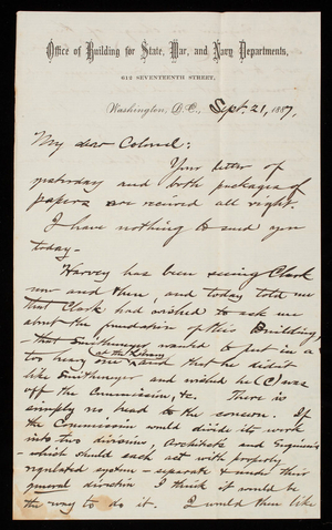 Bernard R. Green to Thomas Lincoln Casey, September 21, 1887