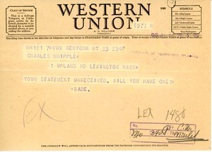 Telegram from Wilbur E. Bade to Charles L. Whipple
