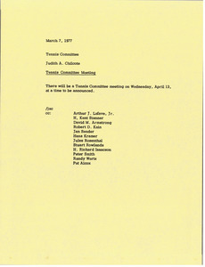 Memorandum from Judy A. Chilcote to tennis committee