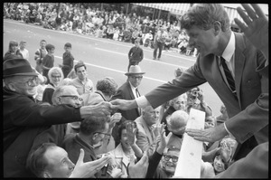 Robert F. Kennedy greeting the crowd across the street from the Woolworth store in Worthington during the Turkey Day festivities