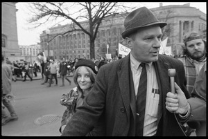 David Dellinger interviewed by the media during the Counter-inaugural demonstrations, 1969