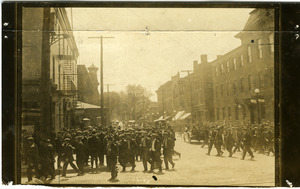 Crowd gathering in the street, possibly Ilion, N.Y.