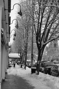 Sidewalk along Route 7 (near the corner of Railraod and Main) after a late-winter snow