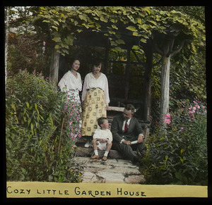 Cozy little garden house (man and boy with two women)