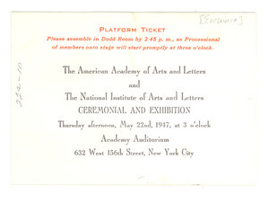 National Institute of Arts and Letters Ceremonial and Exhibition platform ticket