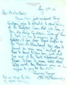 Letter from Daniel H. Williams to W. E. B. Du Bois