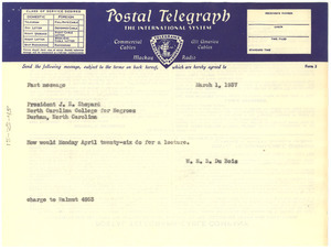 Telegram from W. E. B. Du Bois to North Carolina College for Negroes