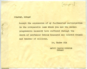 Telegram from Foreign Minister of Hungary to Shirley Graham Du Bois