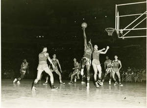 The Harlem Globetrotters in action during the 1952 World Tour