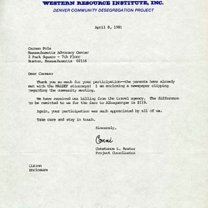Letter from "Conni" Constance L. Kester to Carmen Pola containing a newspaper clipping regarding Pola's participating in a community meeting advocating for Denver, Colorado middle schools