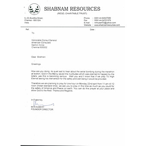 Letter from the founder of Shabnam Resources in India to the United States Ambassador of South India