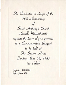 Invitation to Saint Anthony's 75th Anniversary Banquet