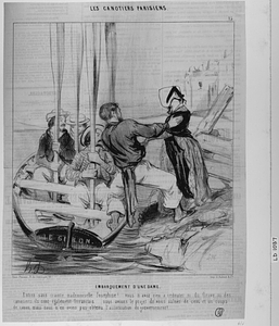 EMBARQUEMENT D'UNE DAME. Entrez sans crainte, mademoiselle Joséphine!.. vous n'avez rien à redouter ni du fleuve, ni des canotiers, ils sont également frrrançais... nous avions le projet de vous saluer de cent et un coups de canon, mais nous n'en avons pas obtenu l'autorisation du gouvernement!...